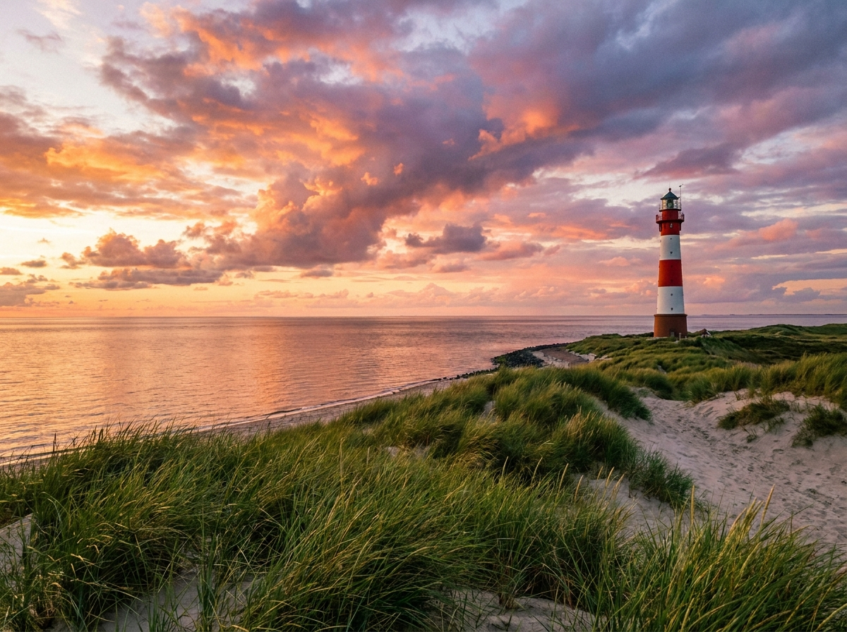 Leuchtturm an der norddeutschen K&uuml;ste bei Sonnenuntergang
