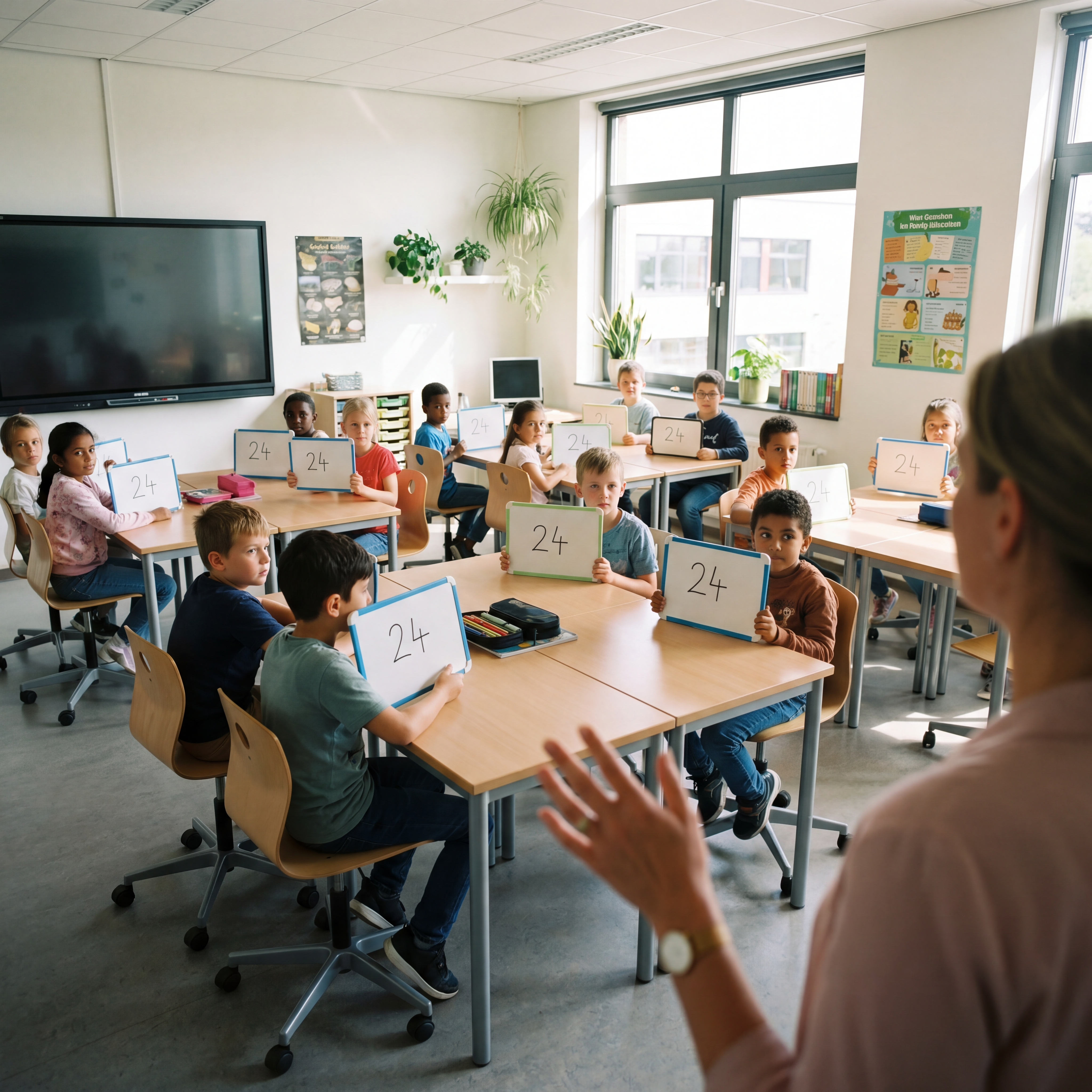 Formative Assessment: Schulklasse zeigt Lehrerin Mini-Whiteboards mit der Antwort 24