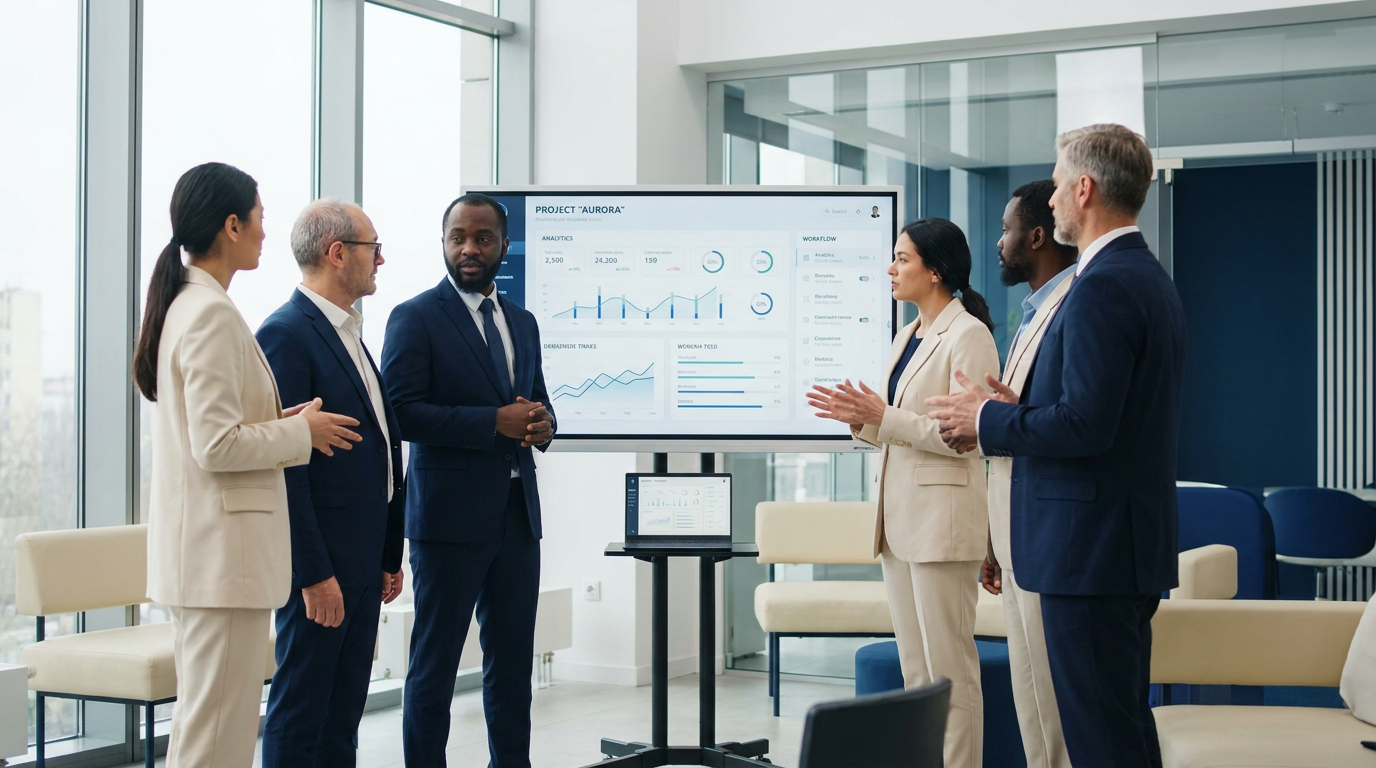 Professional enterprise team collaborating with Workday analytics