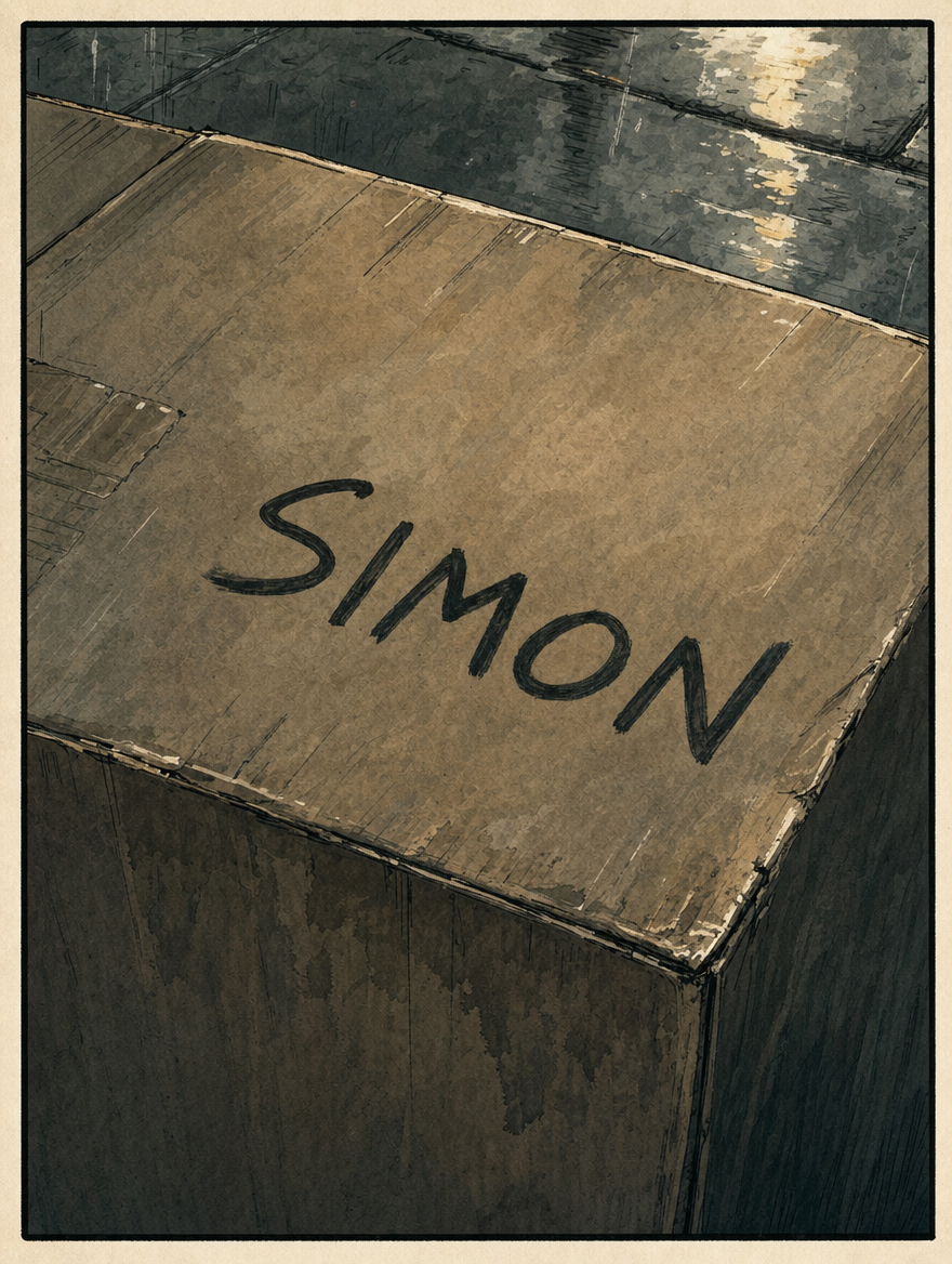 The lid of a small cardboard box, the word SIMON hand-written in black marker capitals