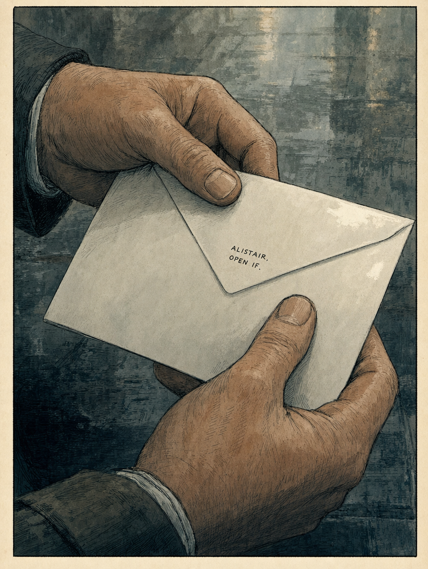 Two hands holding a sealed white envelope marked ALISTAIR, OPEN IF