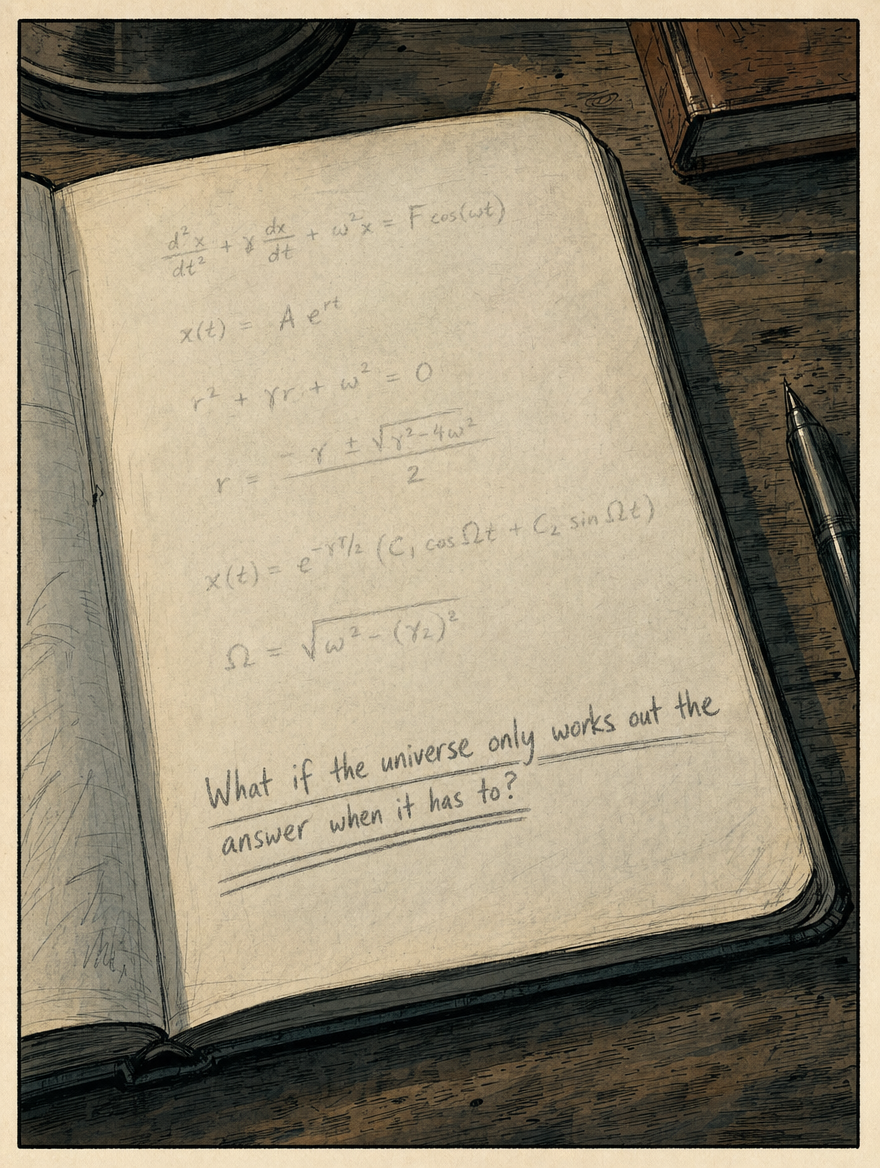 Simon's notebook open on the desk, a single underlined line alone in raw pencil on a blank page