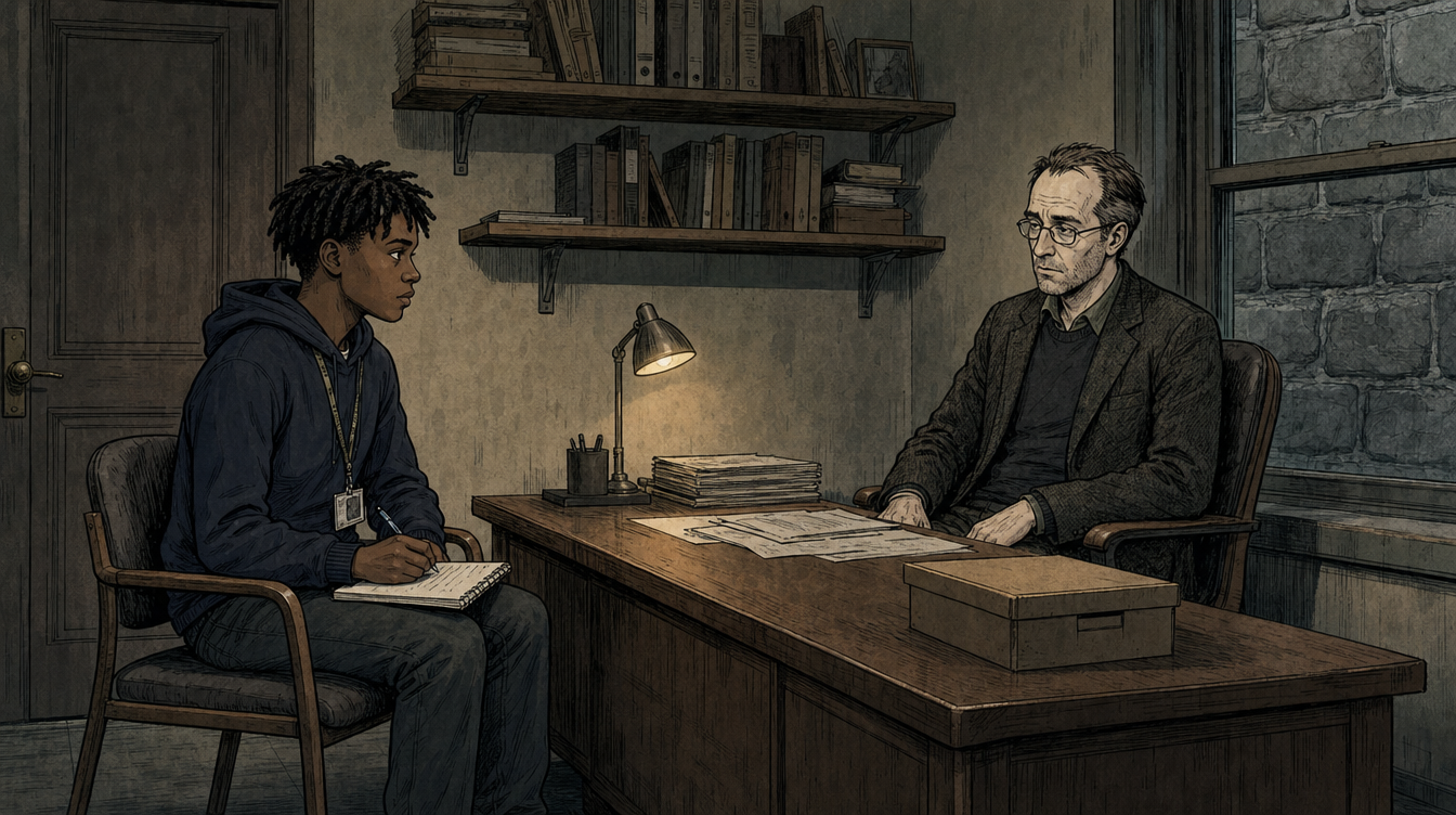 Alistair and Grace across the desk in his small office, stone wall through the window behind him