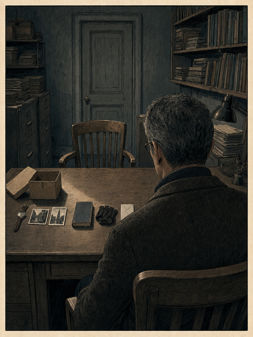 Seen over his shoulder, the open box with its lid beside it and the six objects in a careful row on the desk
