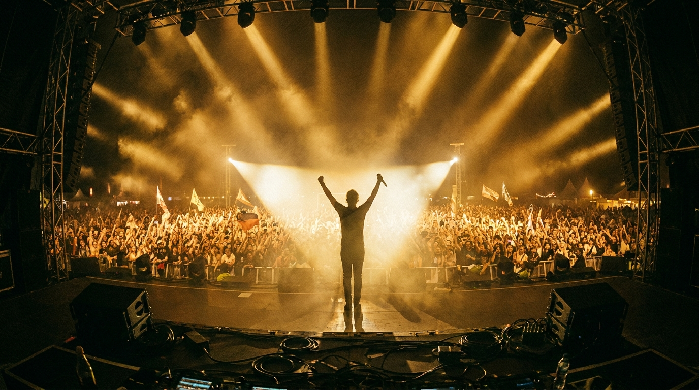 An artist performing on stage under golden spotlight beams, representing Digitone Music Group's roster of talent.