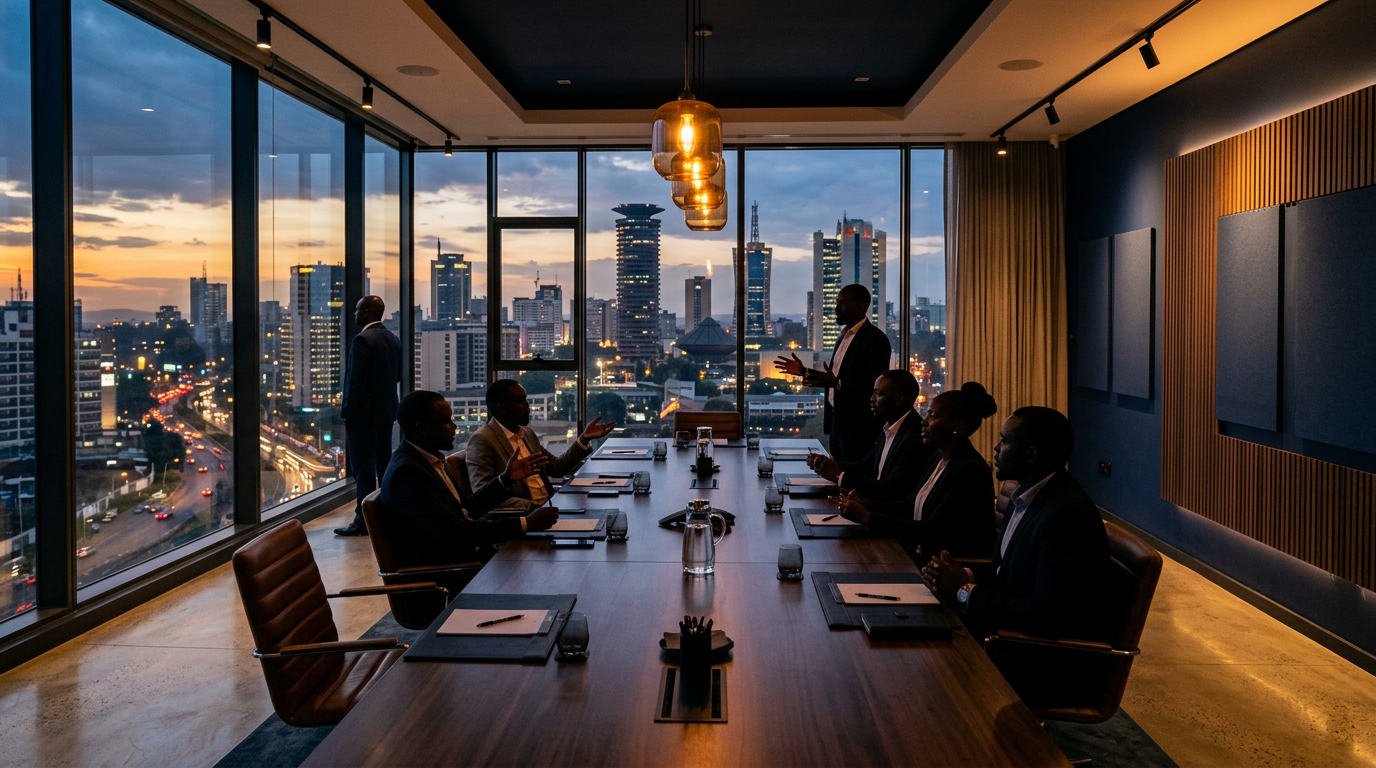 Digitone Music Group creative studio interior overlooking the city at dusk.
