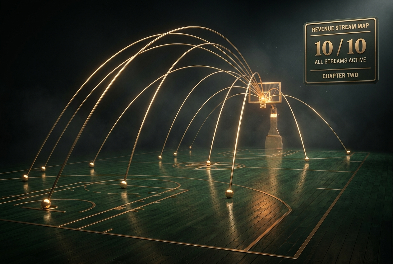 Ten revenue streams active on the court, all arcs successful.