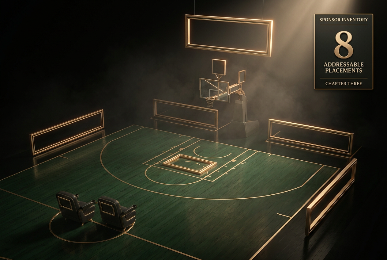 Sponsor inventory placements on a basketball court — eight addressable slots.