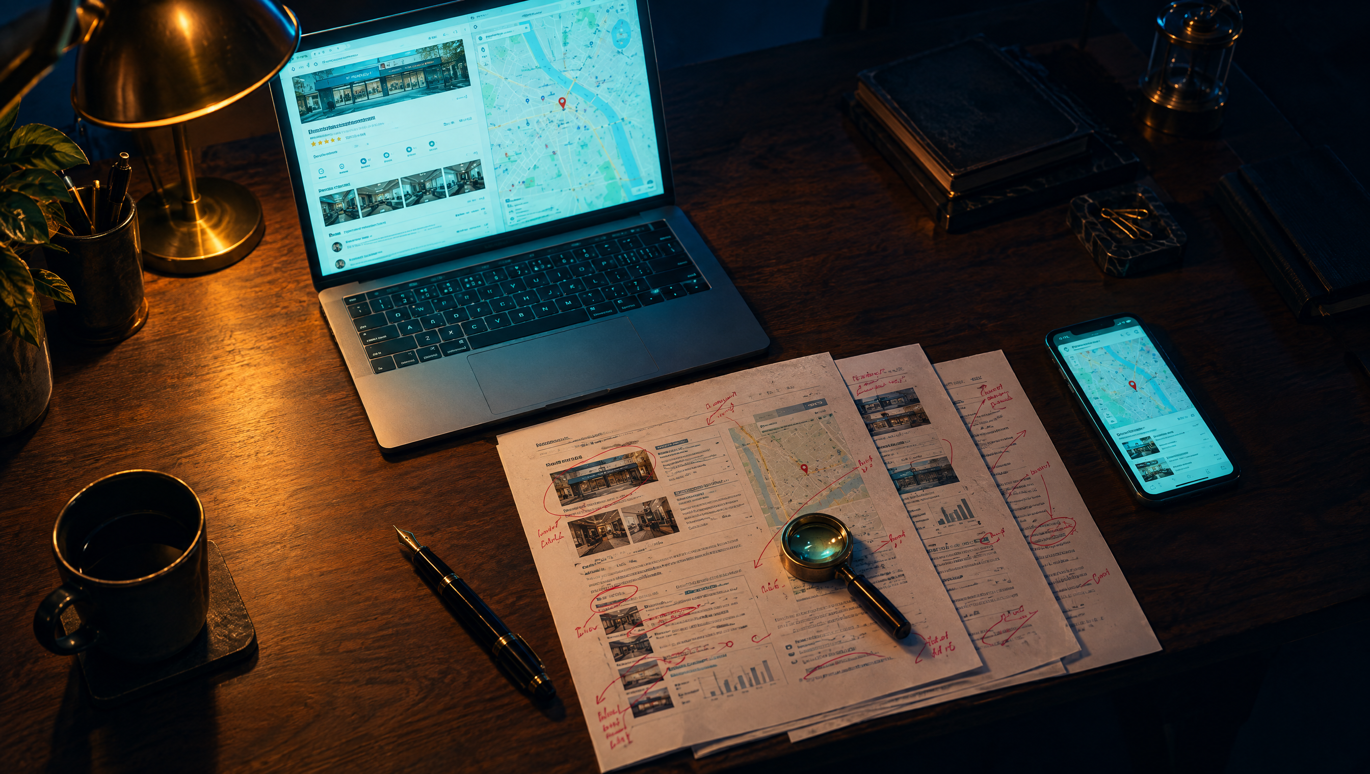 A written review of a business's online presence, marked up in red, beside a laptop showing its listing