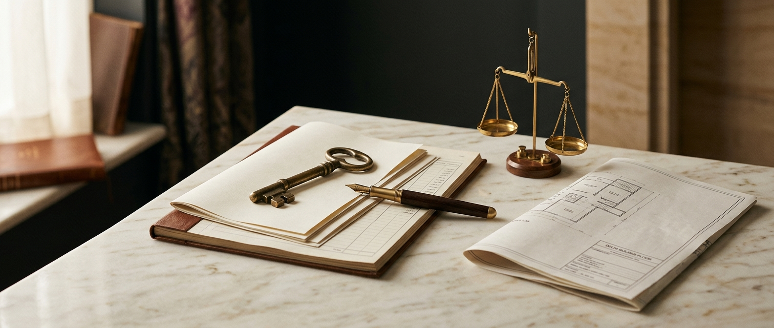 Home loans for South Delhi property FAQs &mdash; brass key, fountain pen, charcoal ledger and folded floor plans on white marble, answered by SouthDelhiFloors