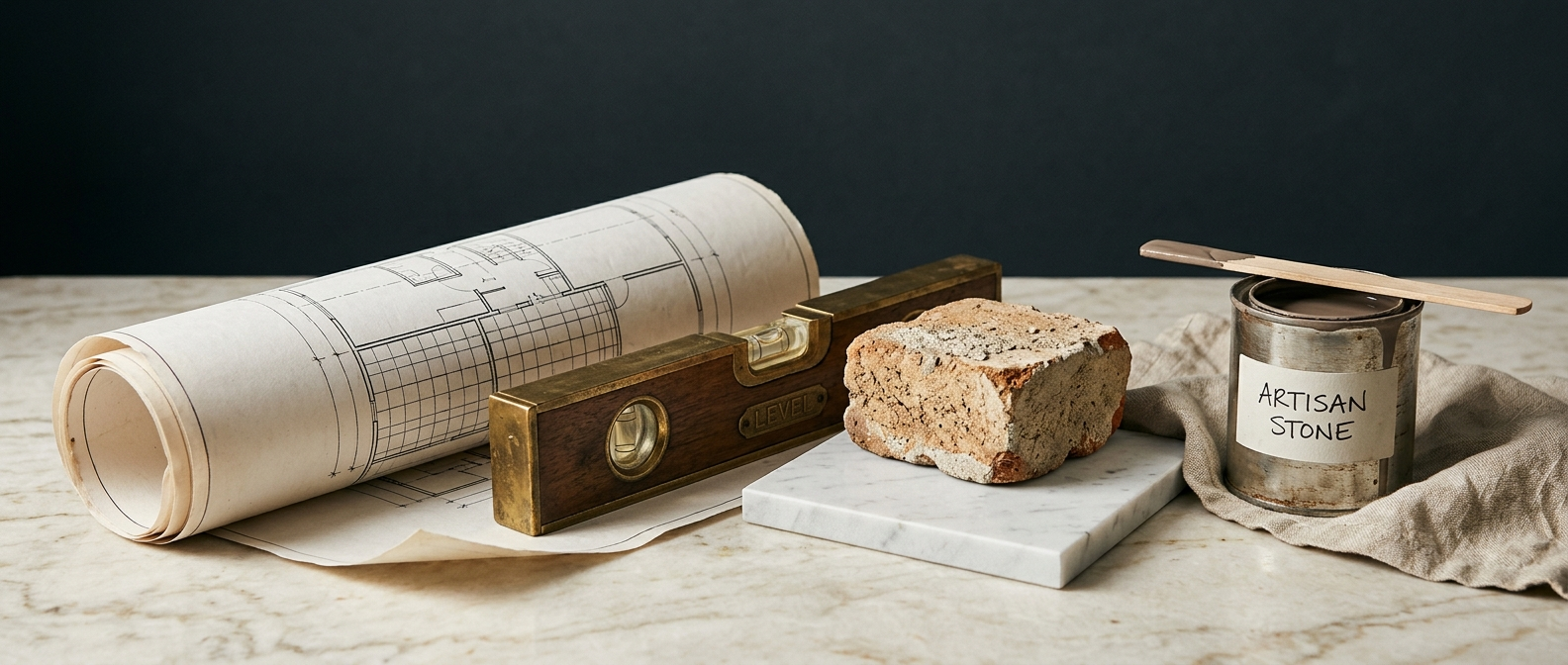 Renovation in South Delhi FAQs &mdash; architect&rsquo;s blueprint, brass spirit level, raw brick and marble sample on ivory marble, answered by SouthDelhiFloors