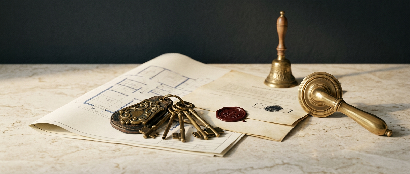 Possession and after-you-buy FAQs for South Delhi &mdash; brass keys, a stamped handover memo and a folded floor plan on ivory marble, answered by SouthDelhiFloors
