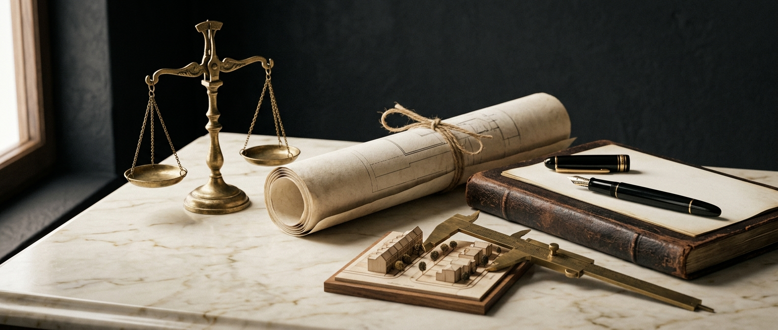 South Delhi property investment FAQs &mdash; brass balance scale, property ledgers and a folded site plan on ivory marble, answered by SouthDelhiFloors
