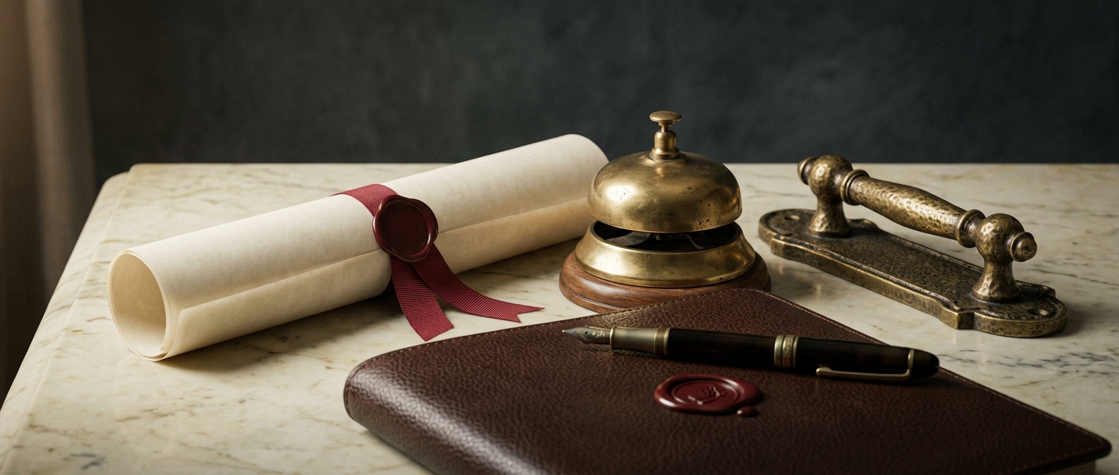 Commercial property in South Delhi FAQs &mdash; brass shopfront handle, rolled commercial plan, lease folder and wax seal on ivory marble, answered by SouthDelhiFloors