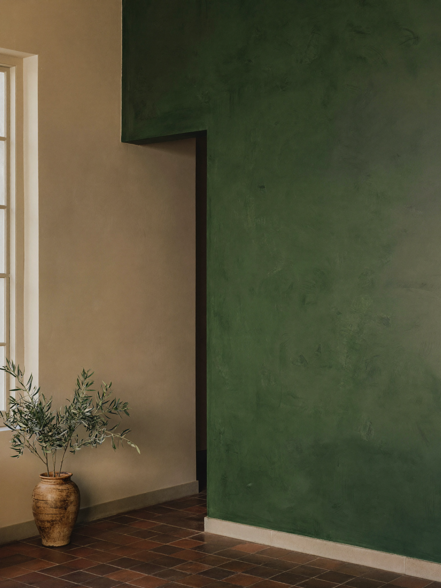 Intérieur d’atelier lumineux aux murs vert forêt et crème, une fenêtre en arc et un vase d’olivier.