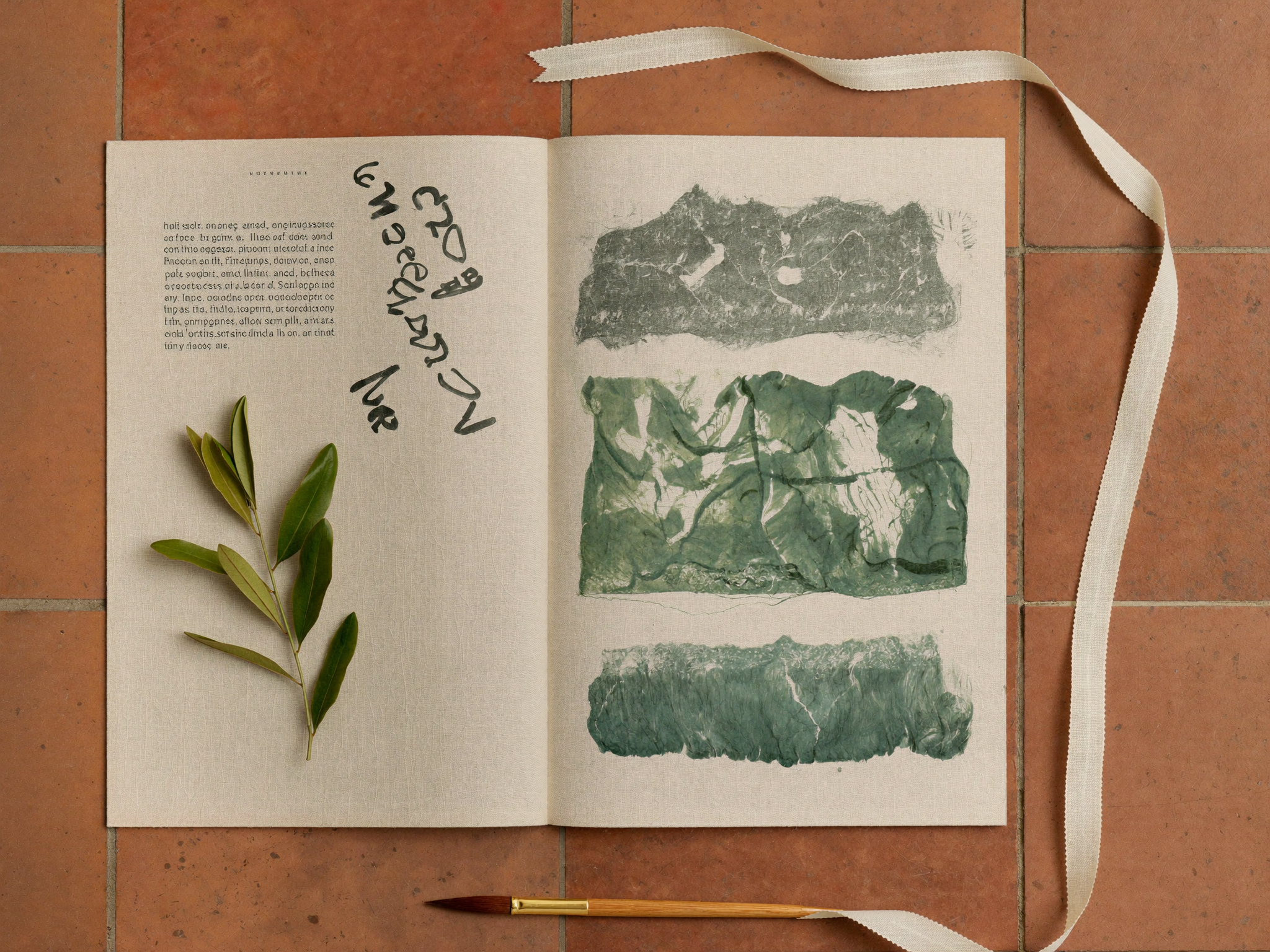 Nature morte d’atelier — lin crème, encre vert forêt, tuile en terre cuite et branches d’olivier.