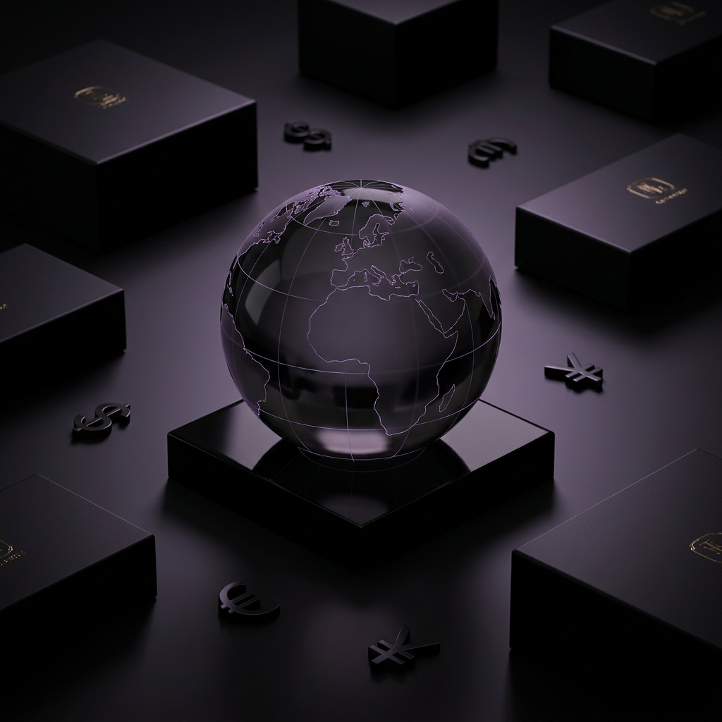 Dark globe with glowing purple borders representing DTC international expansion via Shopify Markets