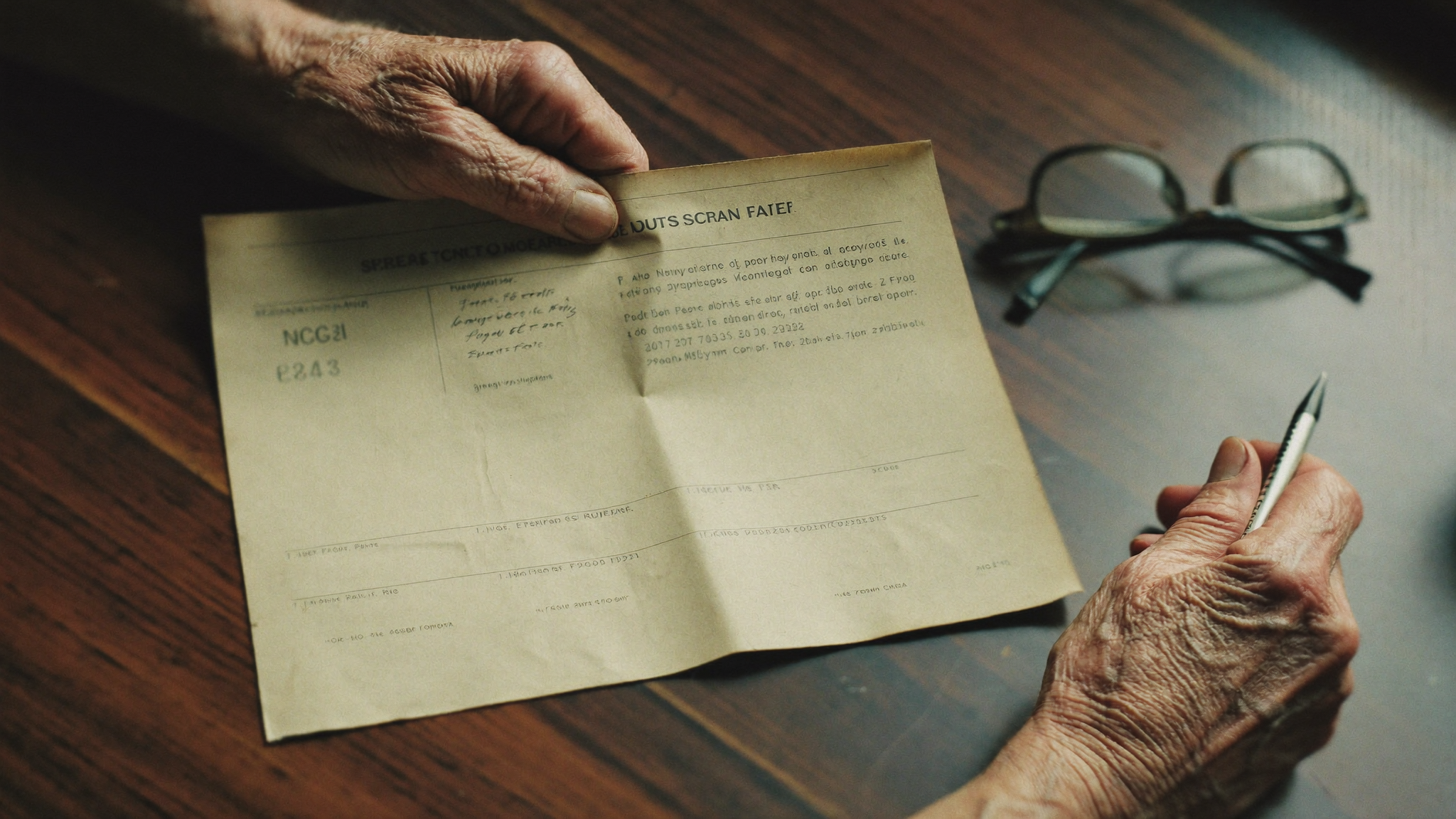 Les mains d'un homme âgé tenant un ancien compte rendu opératoire