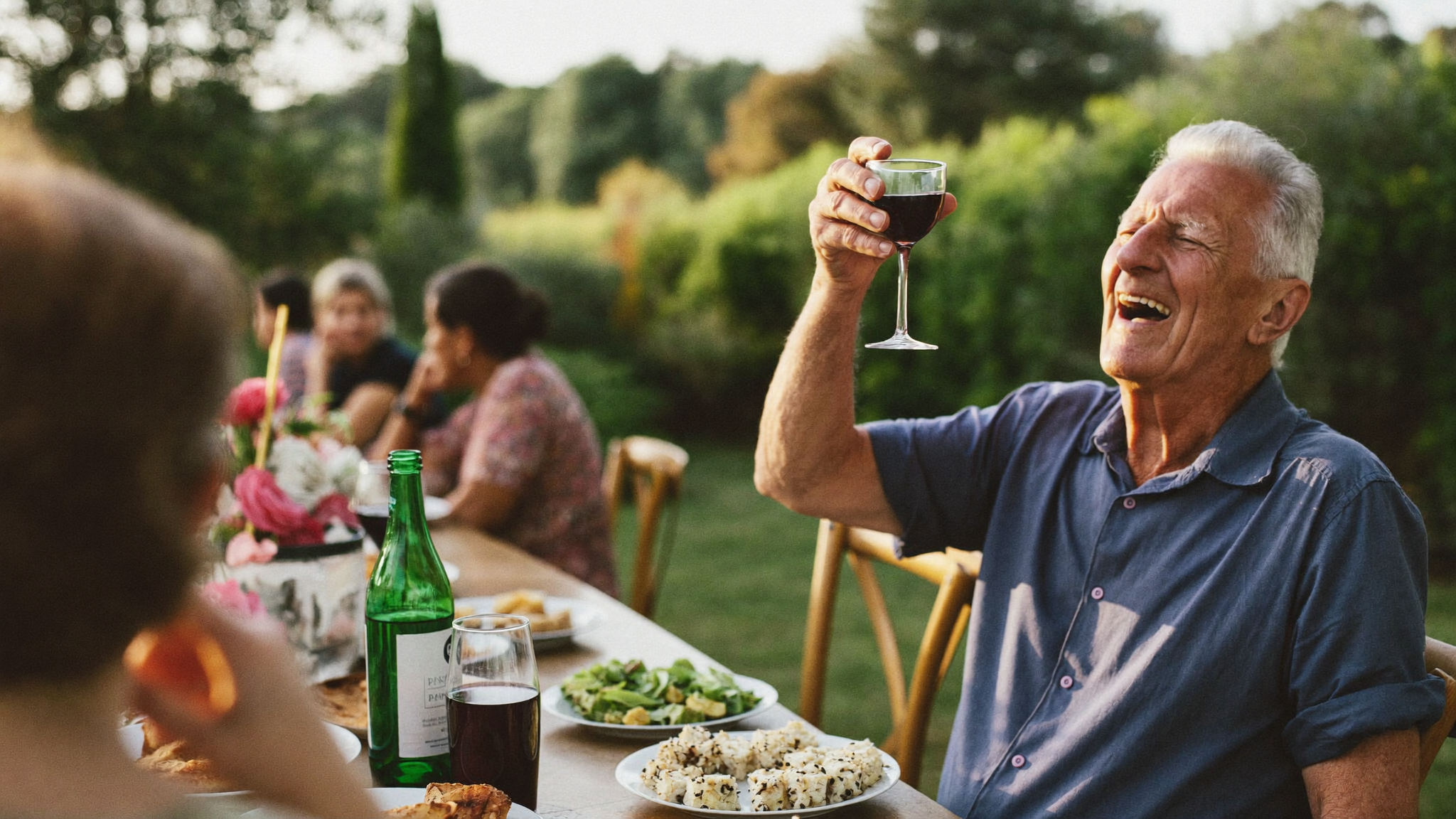 Un homme de 68 ans lève un verre de vin rouge lors d'un repas de famille dans un jardin