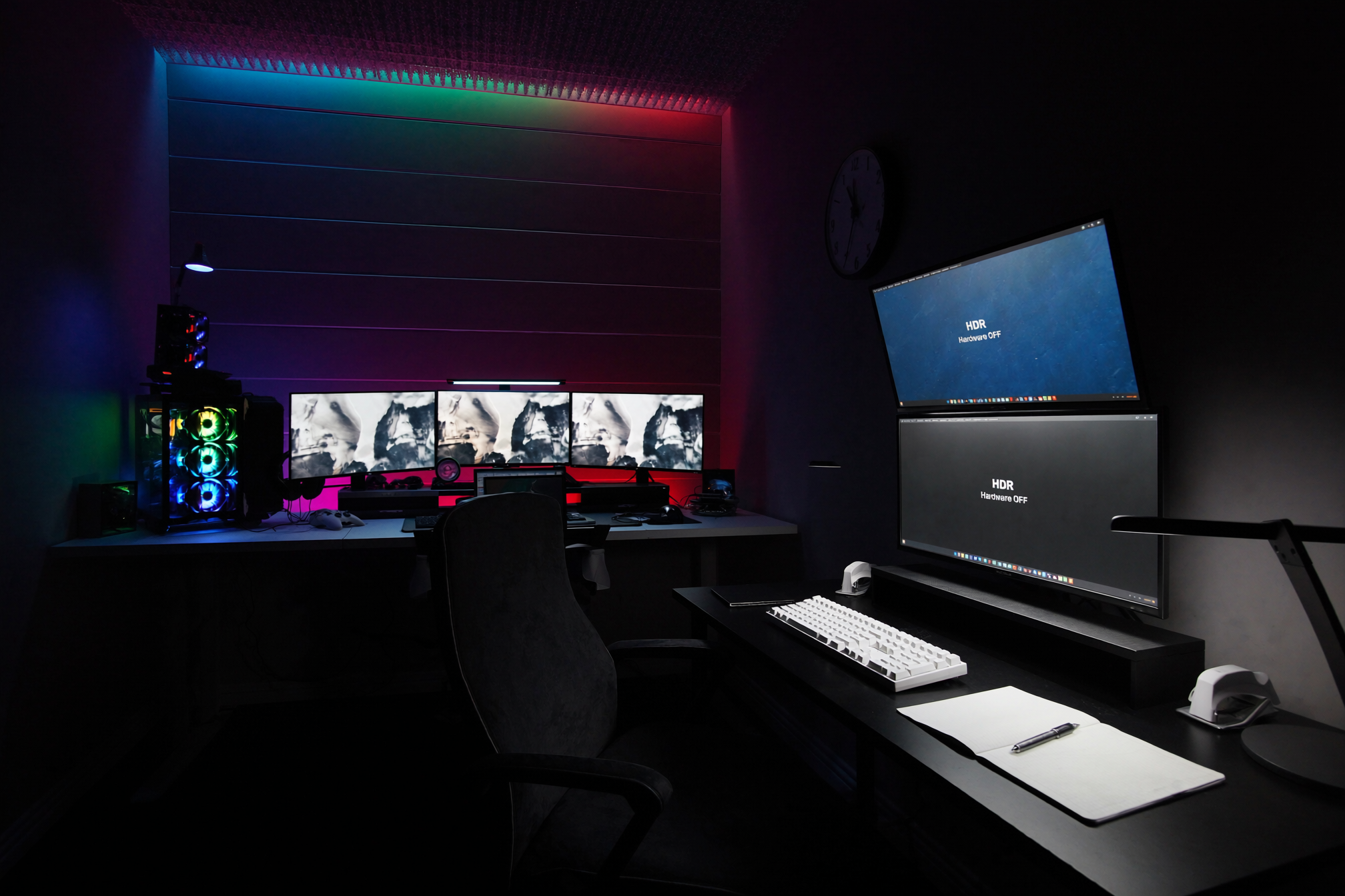 Gaming desk setup next to a work desk setup