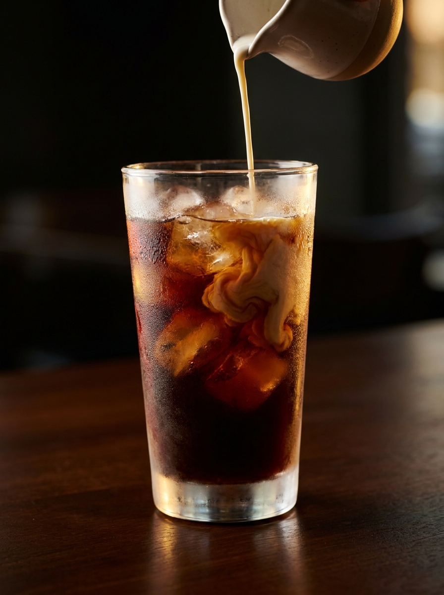A tall glass of Schuil cold brew over ice with a swirl of cream
