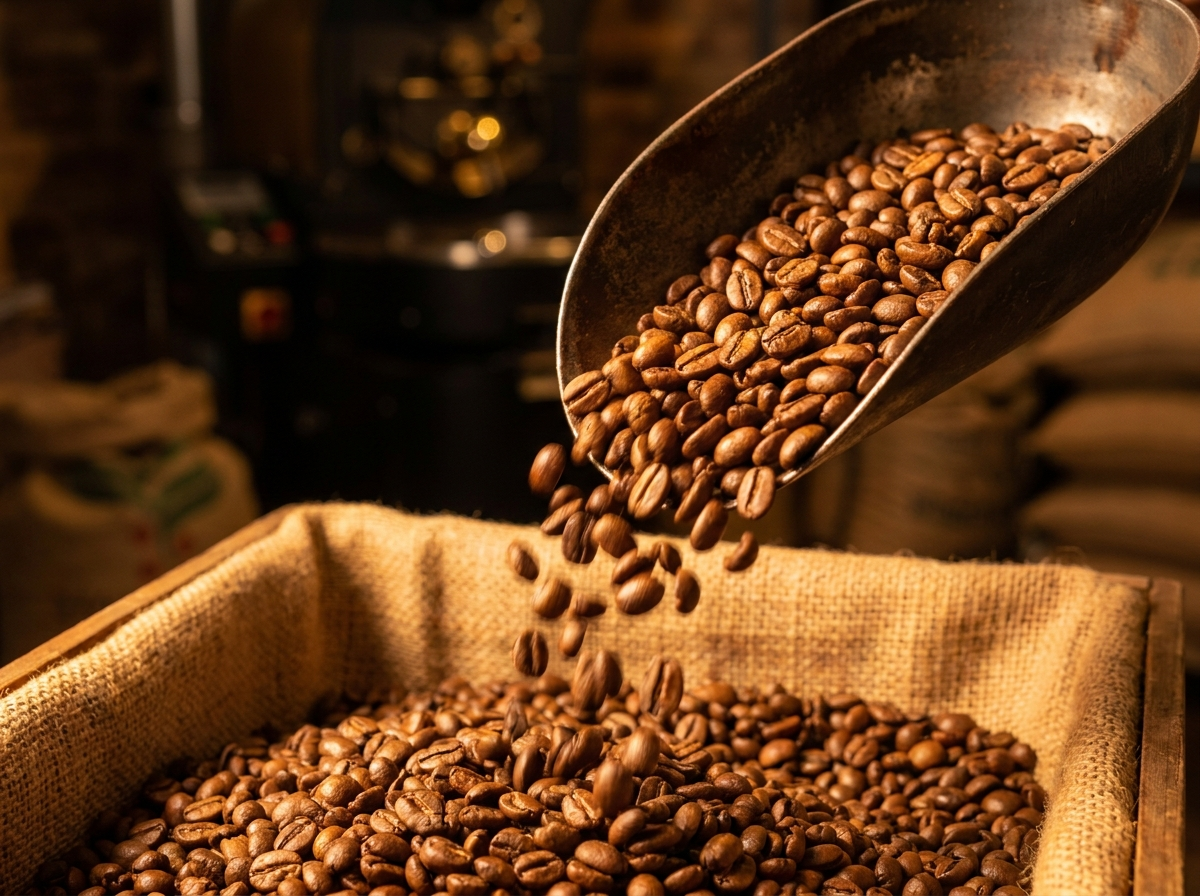 Freshly roasted Schuil coffee beans pouring from a scoop