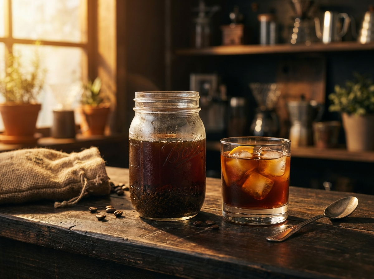 Cold brew steeping in a mason jar beside a finished glass over ice