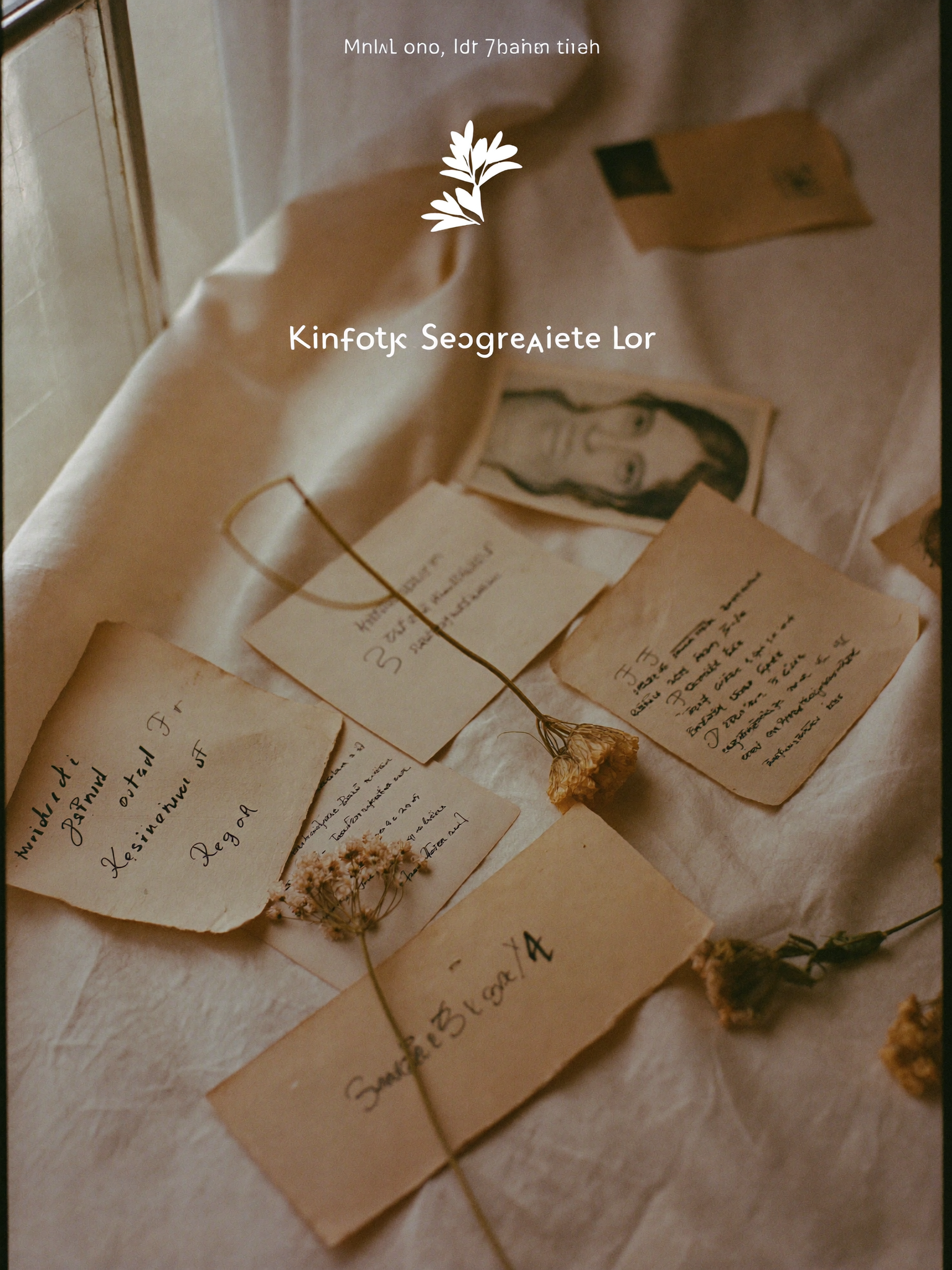 Handwritten letters, old photographs and pressed flowers on linen