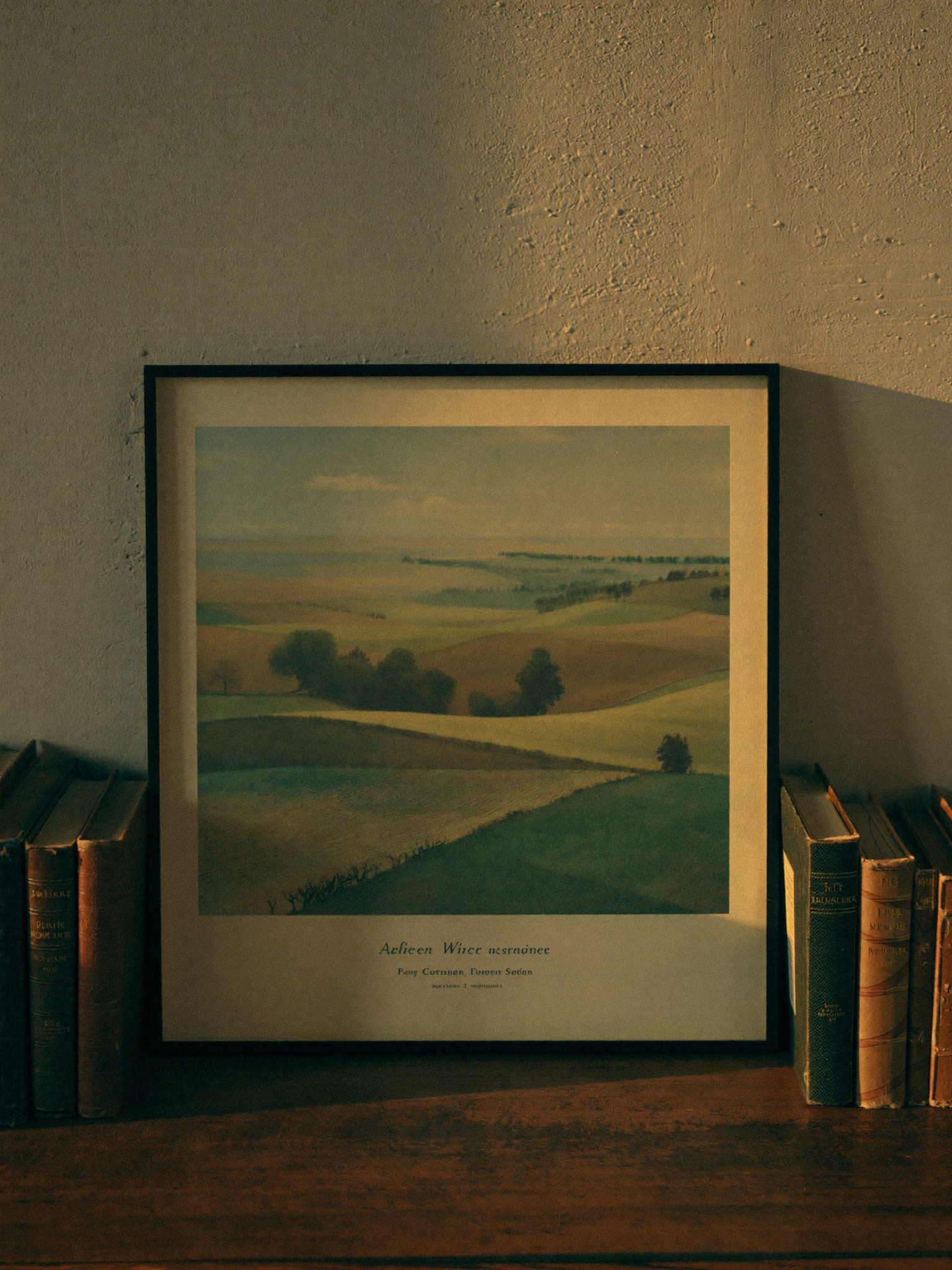 Framed muted landscape print beside old books