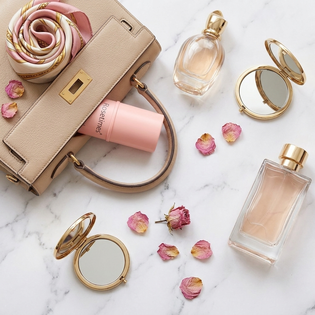 Bálsamo Rosetimes en una cartera con accesorios de lujo, listo para llevar