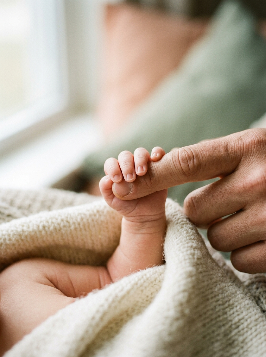 Baby handje houdt vinger vast