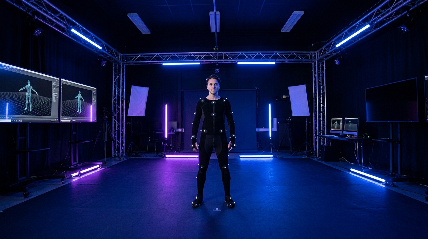 Performer wearing a full body motion capture suit in a professional animation studio