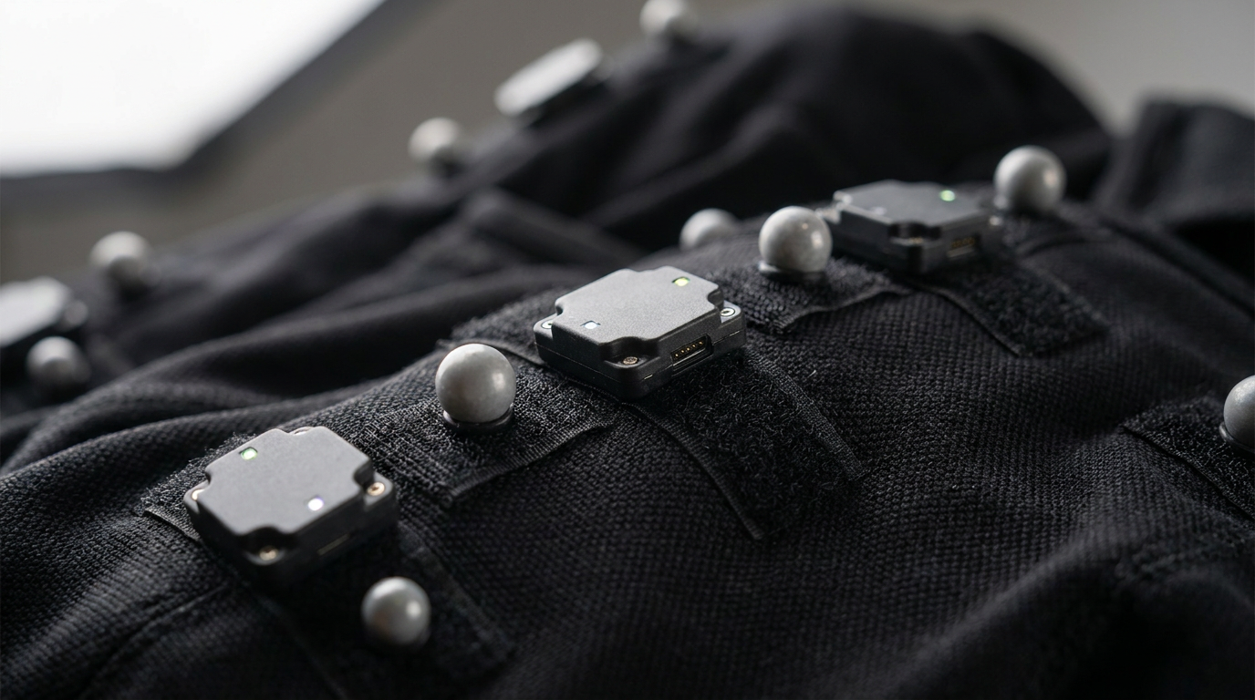 Close-up detail of motion capture suit inertial sensors and tracking markers on black technical fabric