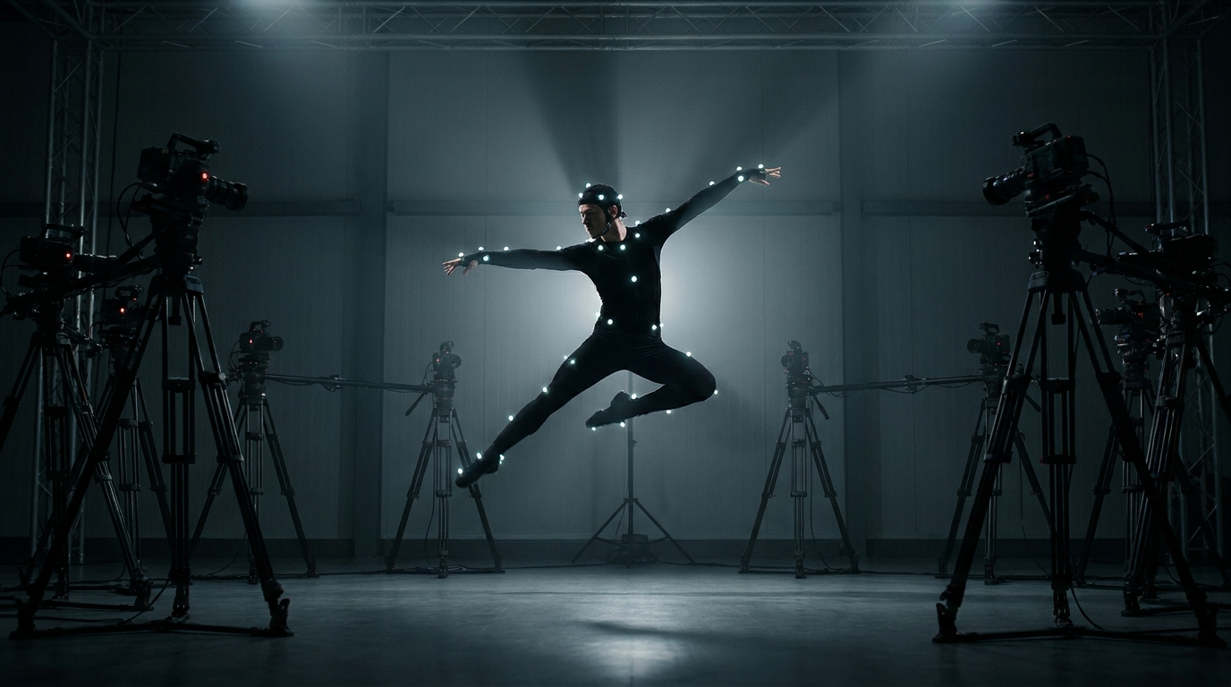 Motion capture performer in tracking suit mid-jump with infrared camera array surrounding the animation studio