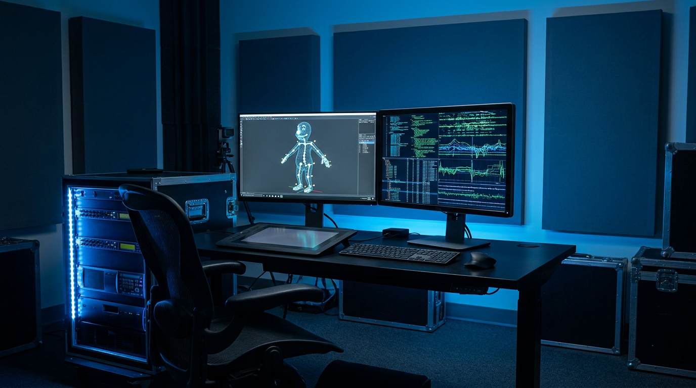 Animation studio workstation with 3D character skeleton rig and motion capture data streams on dual monitors