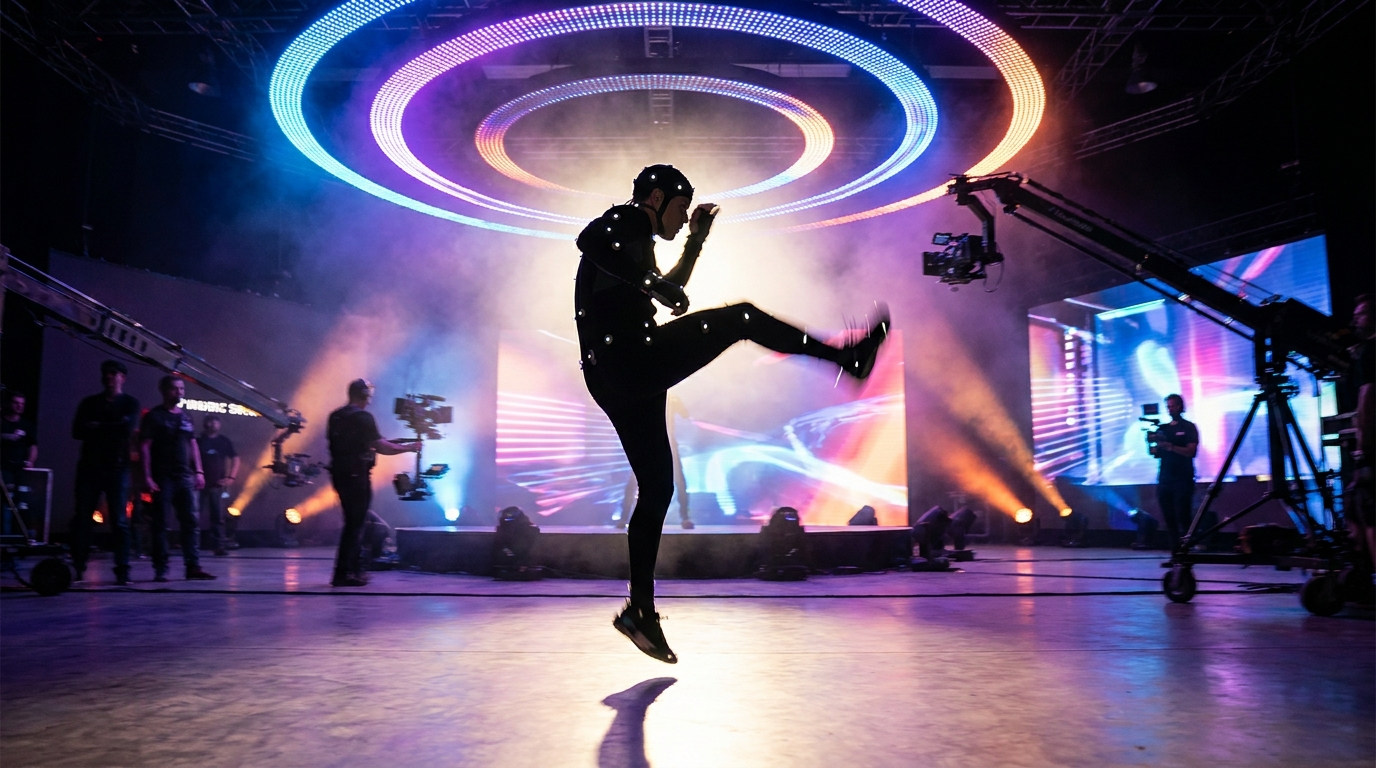 Dancer in motion capture suit performing energetic dance move in music video production studio with colorful stage lighting