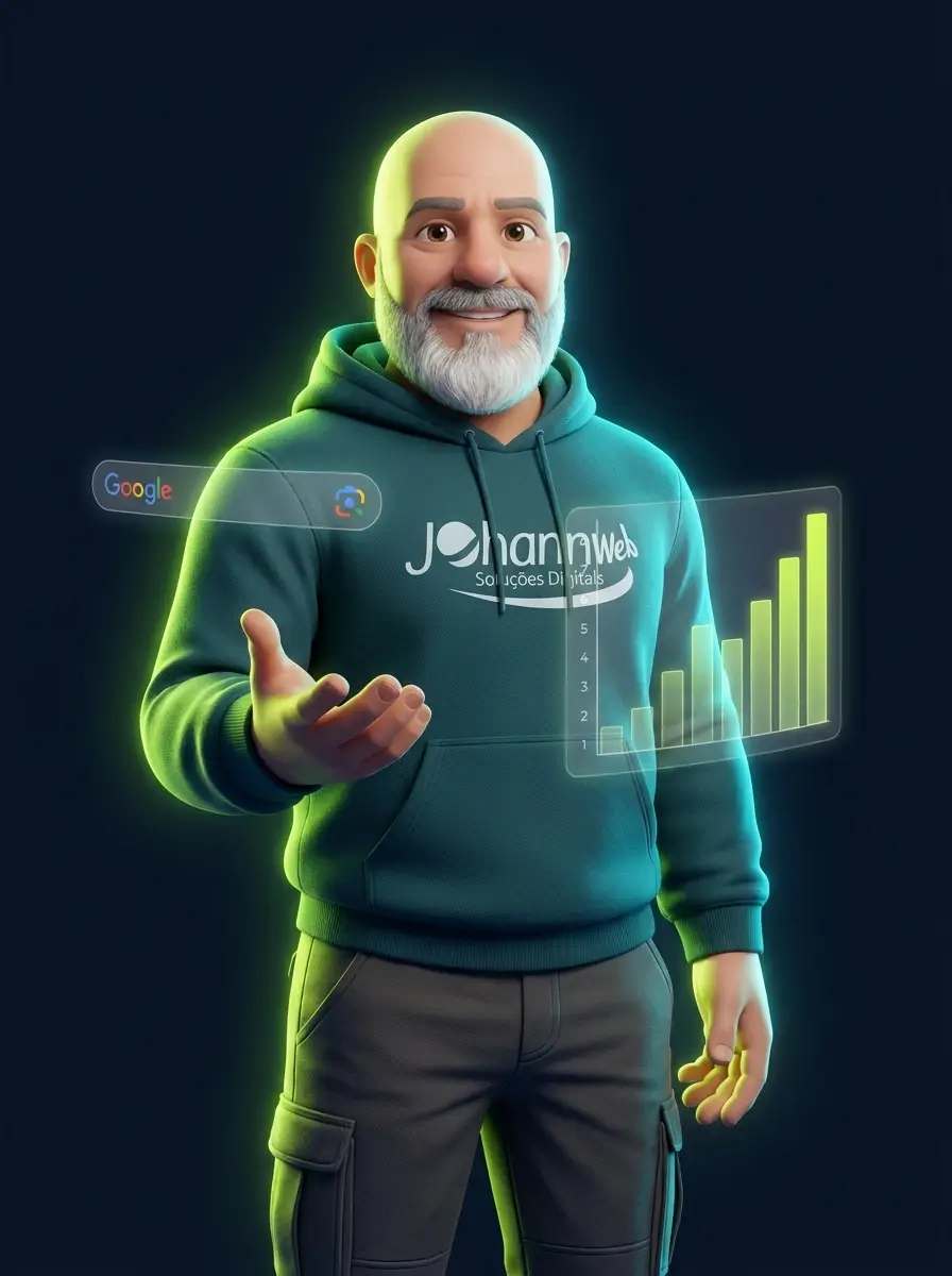 Avatar apresentador da JohannWeb em estúdio escuro com elementos de ranking do Google