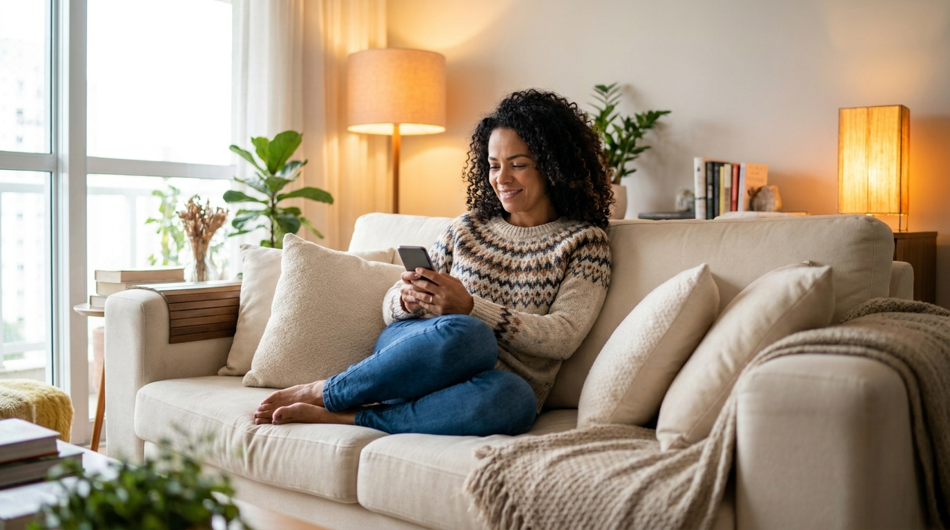 Cliente satisfeita economizando em casa