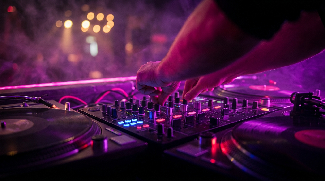 Mãos do DJ no mixer com luzes coloridas