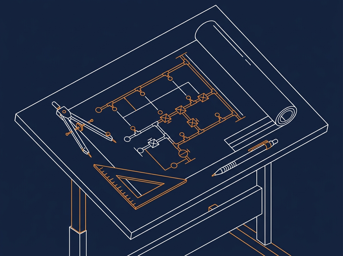Line illustration of a drafting desk with a fire sprinkler system blueprint, compass, and drafting tools