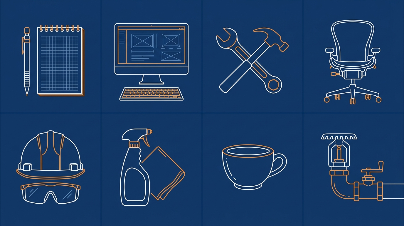 Line illustration flat-lay of office supplies, computer, tools, furniture, PPE, janitorial, beverage, and fire protection icons on a blueprint background