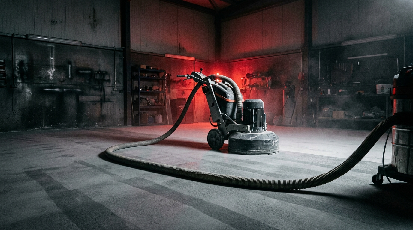 Epoxy flooring training bay with concrete grinding equipment