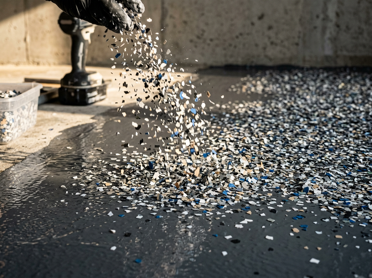 Decorative flakes being broadcast across a wet epoxy floor
