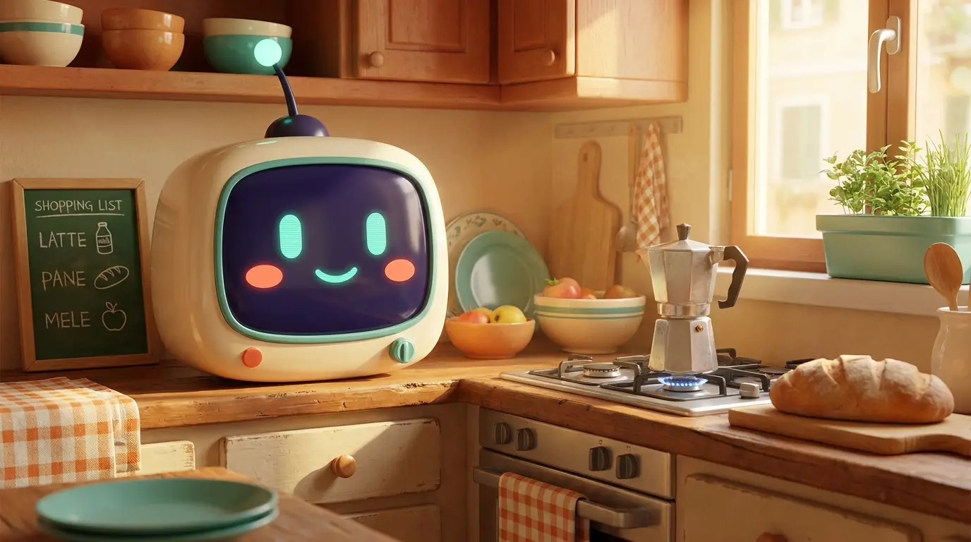 Ricky in cucina la mattina, accanto alla lavagna con la lista della spesa