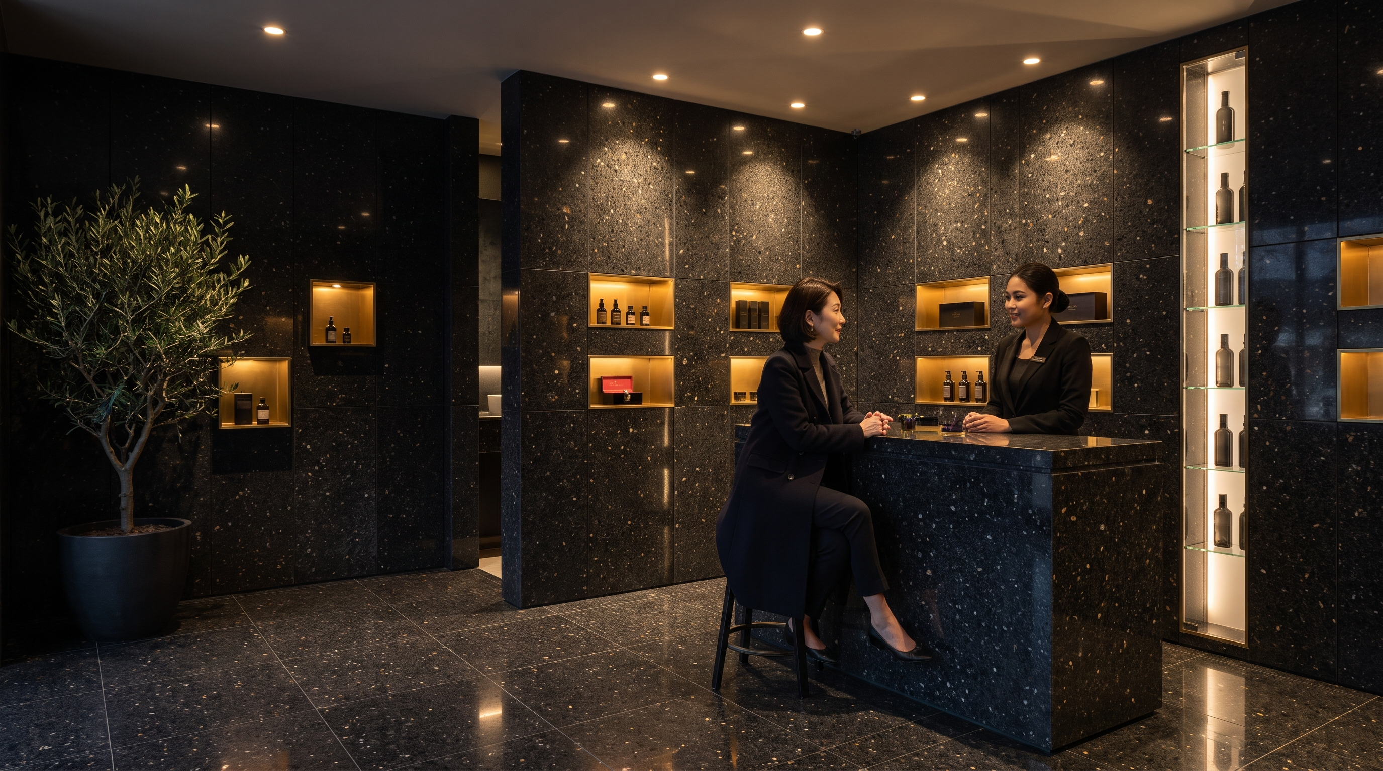A dark speckled terrazzo counter in a low-lit luxury beauty boutique.