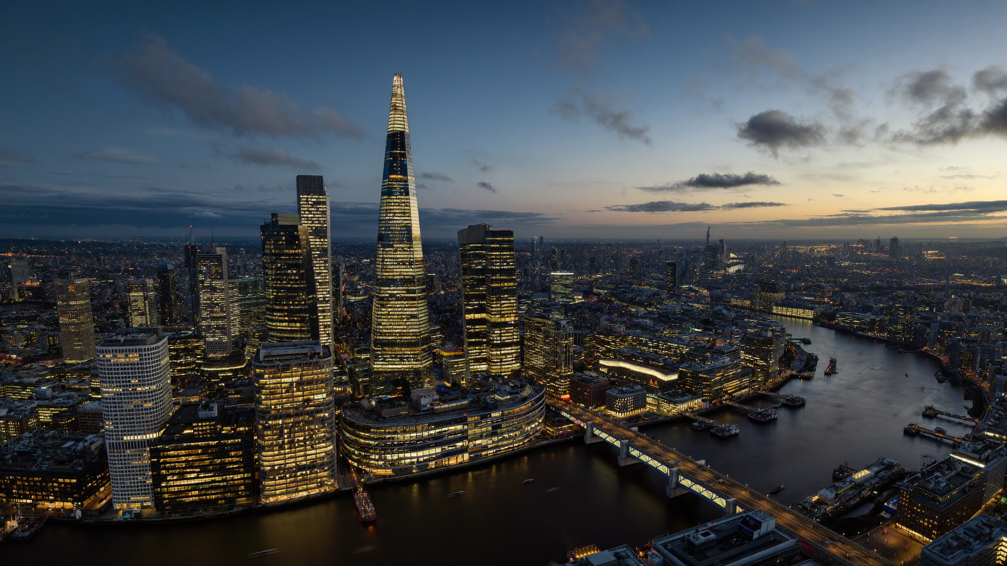 Aerial view of Canary Wharf, London at dusk