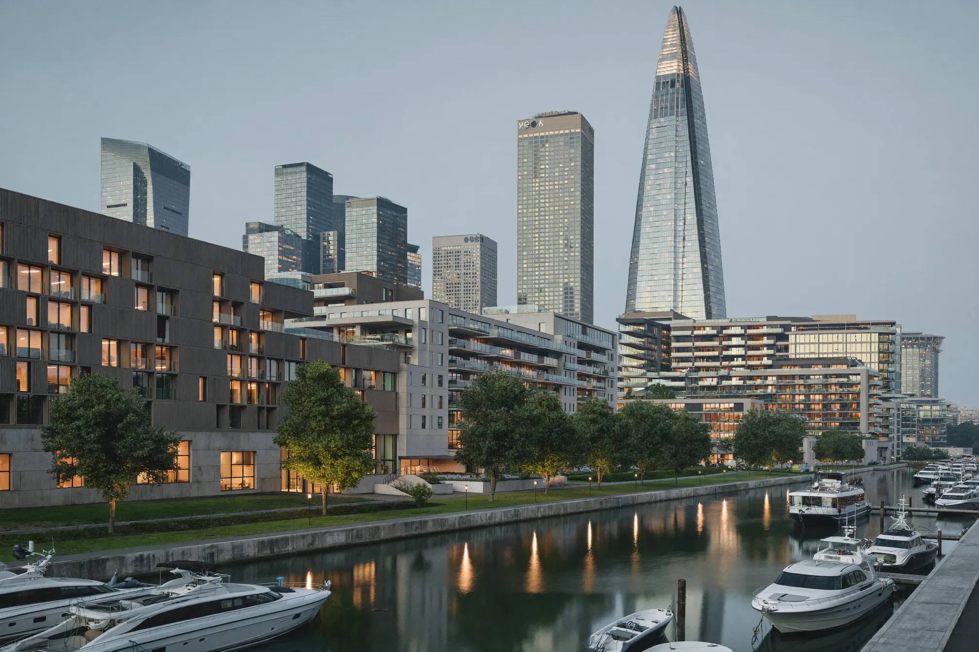 Riverside development at dusk