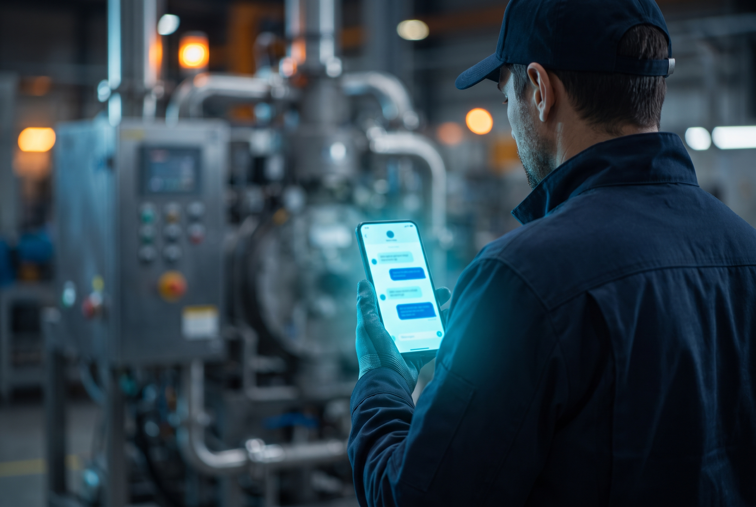 Servicetechniker mit Byte-Antwort am Smartphone in der Fertigung