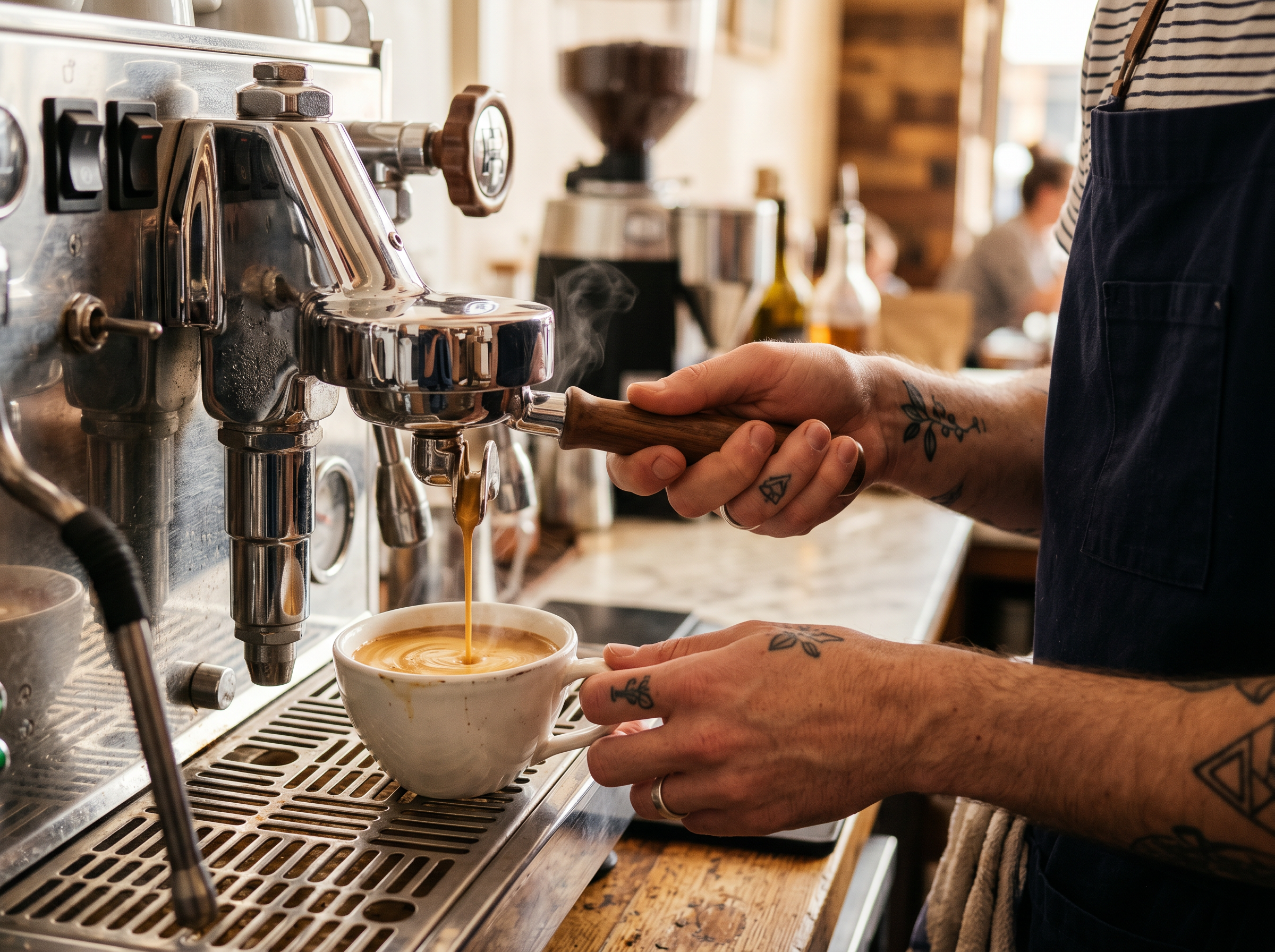 Barista pulling a fresh espresso shot