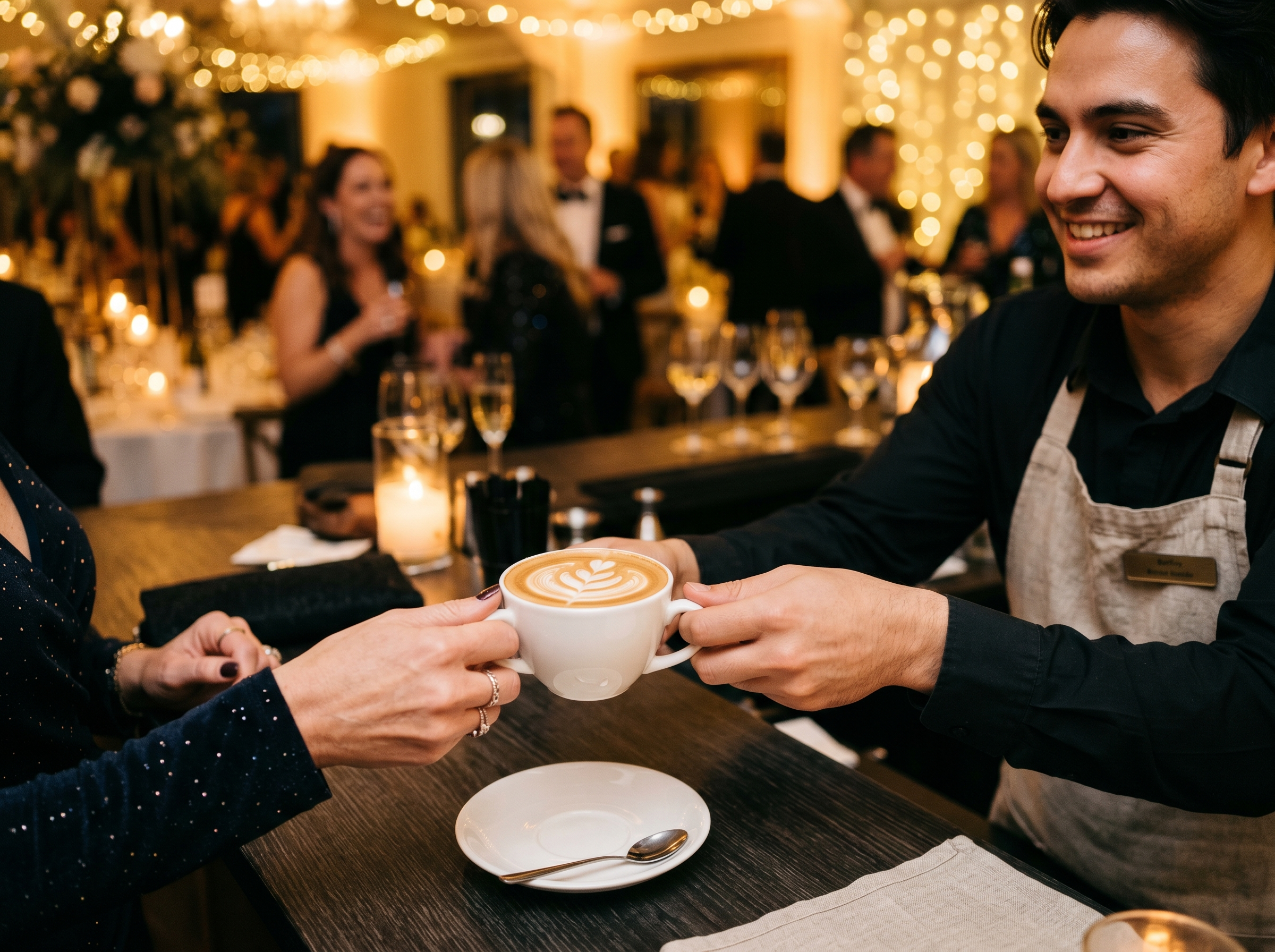 Cappuccino with latte art served to a guest